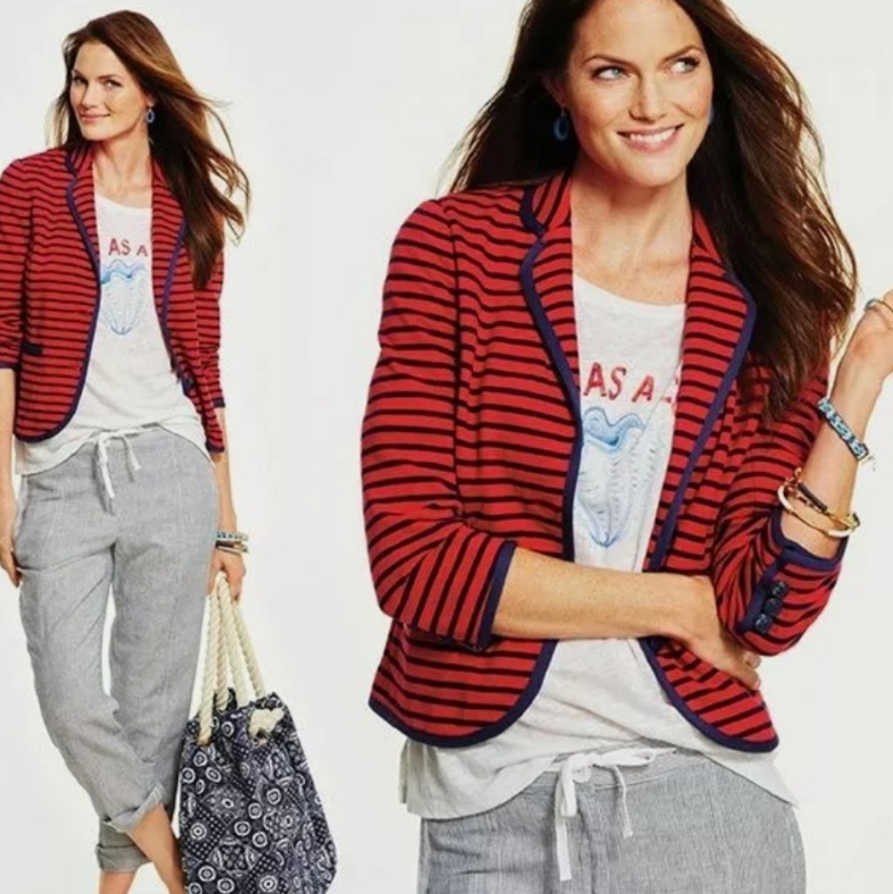 Talbots Women Petite Small Blazer Jacket Red Blue Stripe Nautical